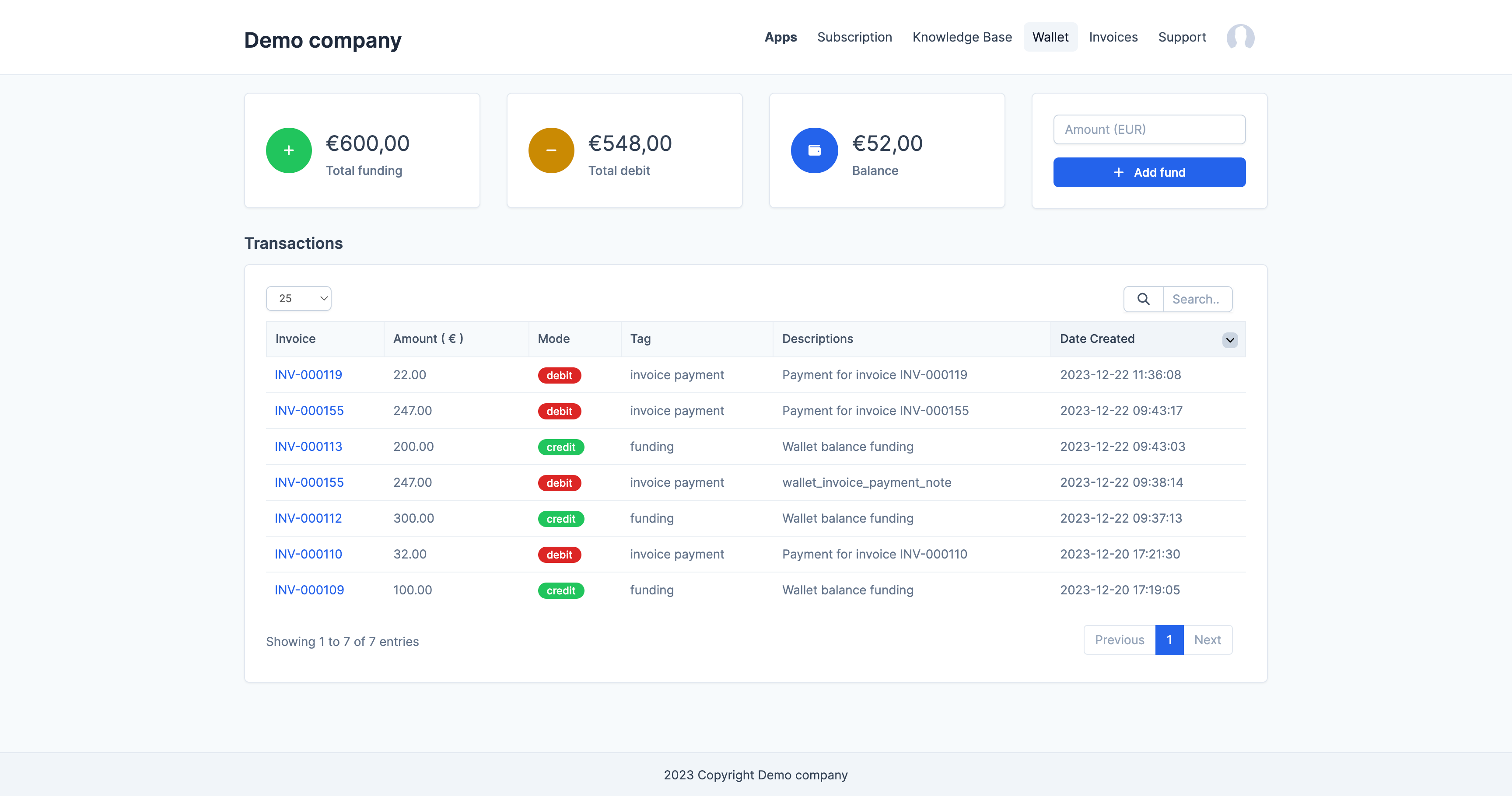 Customer Wallet Dashboard